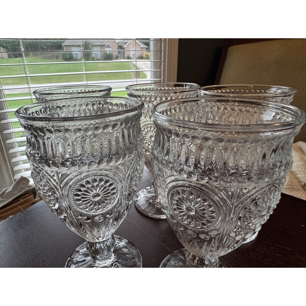 Pioneer Woman Adeline Goblets Set Of 5 Clear 12 Oz Embossed Floral Pressed Glass - Picture 7 of 7